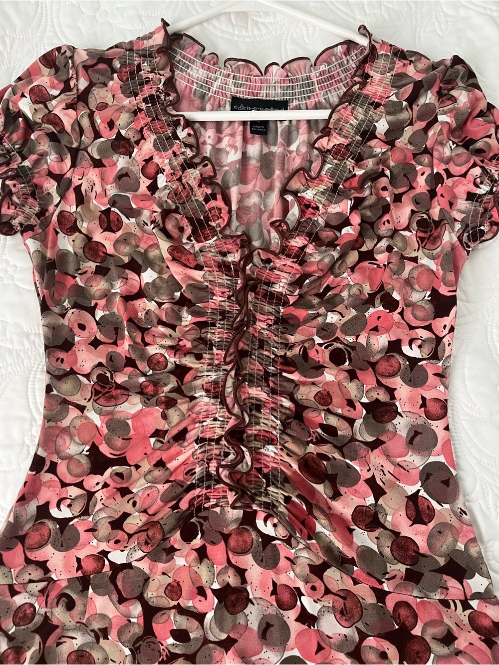Connected Apparel Pink & Brown Floral Ruched V-Neck Dress - Picture 7 of 12
